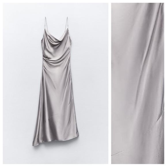 NWT. Zara Silver Satin Effect Slip Midi Dress. Size XL. - Picture 6 of 9